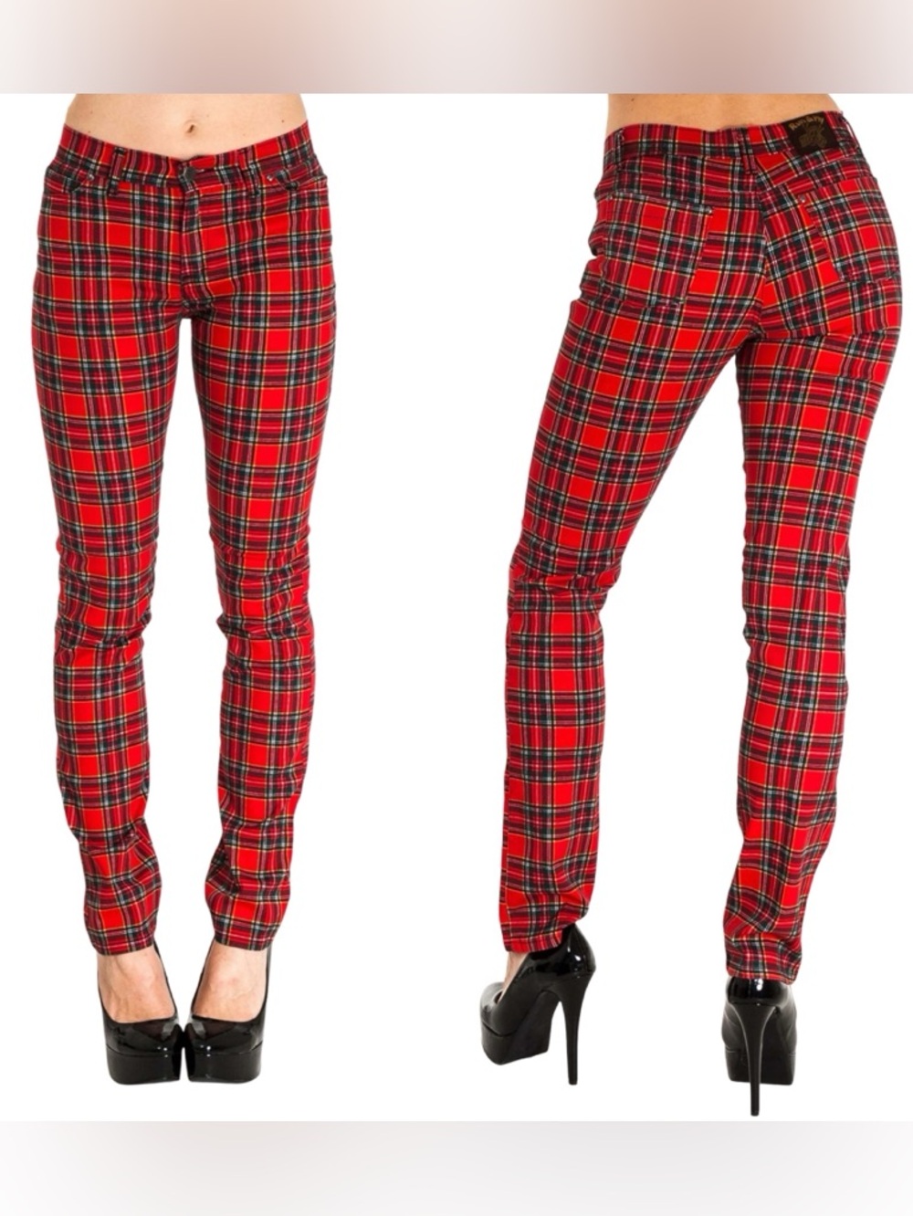 Run & Fly | Red Tartan Plaid Punk Rock Skinny Jeans - Unisex 32
